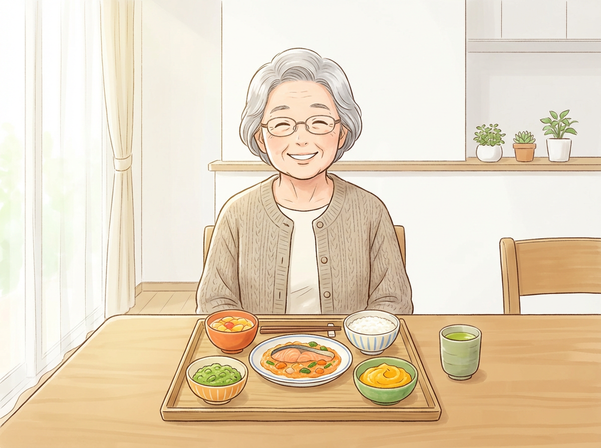 やわらか栄養強化食を笑顔で食べる高齢者のイラスト｜歯茎でつぶせるやわらかさで食事を楽しむ